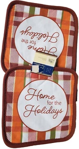 Set of 2 Same Kitchen Pot Holders (7"x7") FALL,HOME FOR THE HOLIDAYS ON PLAID,GR - Picture 1 of 5