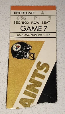 Boleto rasgado de la NFL New Orleans Saints Pittsburgh Steelers 29/11/1987 Foto 1 de 2