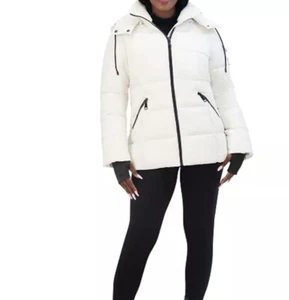 $129 Steve Madden Juniors' Faux-Fur-Lined Hooded Puffer Coat Cream XXL - Picture 1 of 7