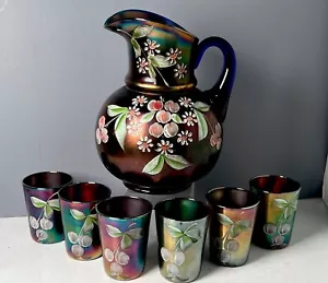 Fenton Cobalt carnival glass water set pitcher 6 tumblers Cherry Blossoms 1910 - Picture 1 of 10