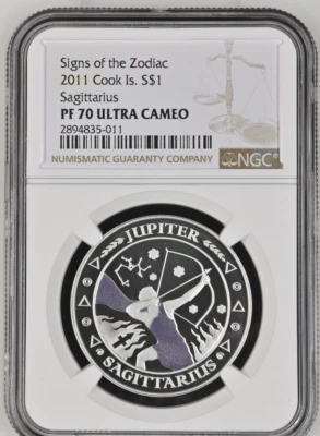 1 DOLLAR 2011 COOK ISLANDS ZODIAC SIGNS SAGITTARIUS SILVER PROOF RARE NGC PF70 - Image 1 of 4