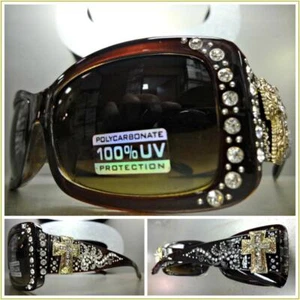 New WESTERN Bling Rhinestone COWGIRL SUN GLASSES Brown Frame Gold Cross Concho - Picture 1 of 12