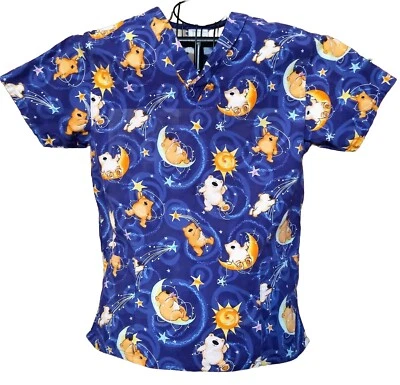 White Swan Blue With Teddy Bears Scrub Top Size S - Image 1 of 2