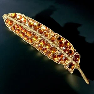 Broche Pluma Alemania Occidental Ámbar Estrás Tono Dorado Firmado De Colección - Imagen 1 de 9