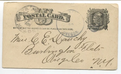1887 Huntington OR Postal Card*1¢ Black Franklin*Handwritten NY*early territoria - Image 1 of 2