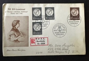 SWEDEN 1954 ANNA MARIA LENNGREN FDC REGISTERED MUSIC -S18841 - Picture 1 of 1