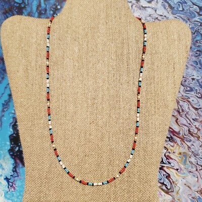 Light Blue, Black, Gold, Red, and White beaded necklace - Lobster Clasp (A) - Image 1 of 4