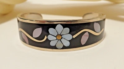 Vintage  SILVER PLATED & INLAID with MOTHER OF PEARL CUFF BRACELET Unsigned - Image 1 of 3