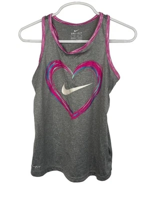 Camiseta sin mangas Nike Dri-Fit para niñas gris rosa corazón gráfico talla 6 ropa deportiva Foto 1 de 4