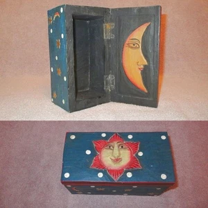 Vtg Celestial Moon & Sun Carved Wood Stash Box 3D Hinged Stars Cosmic Medieval - Picture 1 of 10