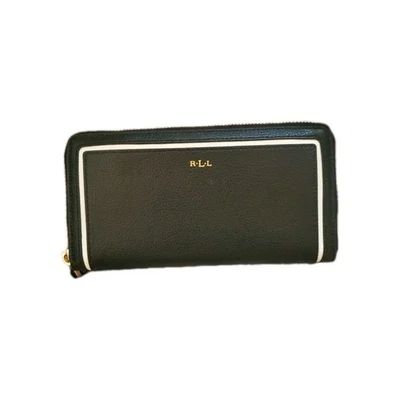 Cartera Lauren Ralph Lauren Cuero Negro Cremallera Alrededor Rayas Blancas Y2K Funcional Foto 1 de 4