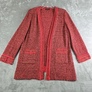 Misook Cardigan Womens Large Red Black Gold Chain Tweed Boucle Chic Old Money - Picture 1 of 16