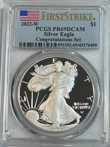 2022 W Proof $1 American Silver Eagle Congratulations Set PCGS PR69 FS Spots - Picture 1 of 2