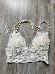 White Embroidered Bralette Strappy Floral Cream Cup Lining Halter Spaghetti Sz S - Picture 1 of 8
