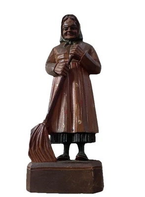 Polychrome apron babushka or peasant woman w/broom  Carved sculpture wood   - Image 1 of 4
