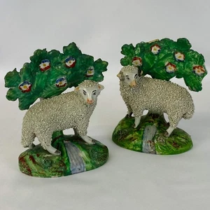 Staffordshire Sheep Antique Pair Ewe & Ram Confetti Bocage Victorian Flatback c1 - Picture 1 of 22