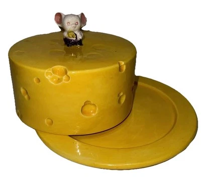 Yellow Cheese Dish With Cover Mouse Eating Cheese Plate And Lid Vintage 80’s - Image 1 of 4
