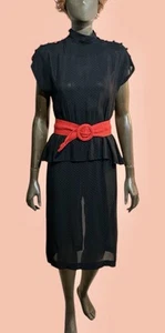 Vintage Black & Red Semi Sheer Polka Dot 1930 -1940’s Button Close Peplum Dress - Picture 1 of 19