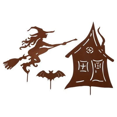UNUS® Gartenstecker Hexe Hexenhaus Fledermaus Gartendeko Rostoptik Roststecker - Bild 1 von 4