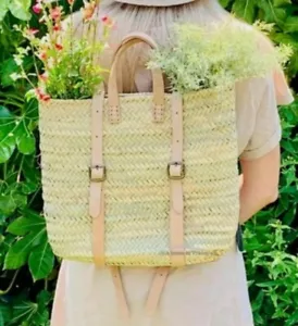 Straw Beach Bag Leather Strap Backpack Straw Bag Pebble Backpack - 15/14in - Picture 1 of 4