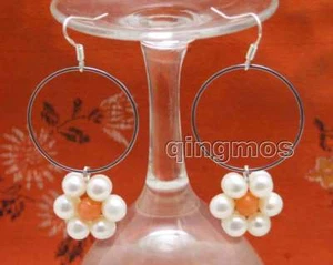 SALE Natural white pearl and Pink Coral with 28mm metal Ring Hoop Earring-ear611 - Picture 1 of 15