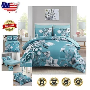 Juego de cama para todas las estaciones con flores azul verdoso - Colección de edredón de tamaño completo de 7 piezas - Imagen 1 de 8