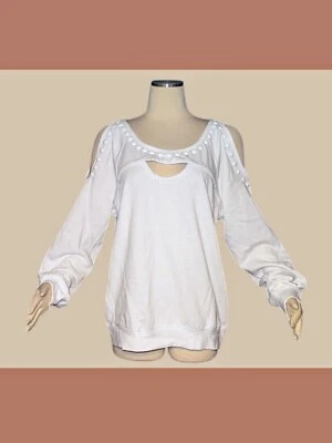 GUESS $69 Long Sleeve COLD SHOULDER Studded FLEECE Sweater CUTOUT Top Women's XL - Image 1 of 4