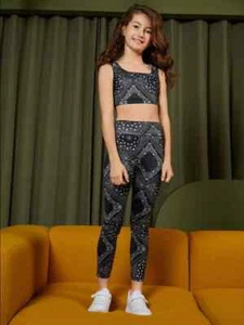 Shein girls 11-12yrs paisley print crop tank & leggings set black nip - Picture 1 of 2
