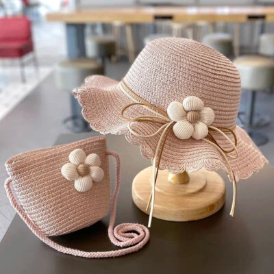 Conjunto de 2 PIEZAS Bebés Niñas Sombrero de Verano Bolsas Playa Flojo Sombrero para el Sol con Bolsillo de Paja Traje Foto 1 de 4