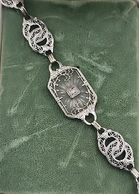 BRAZALETE ART DECO ORO BLANCO 10K DIAMANTE FILIGRANA ALCANFOR CRISTAL 7 pulgadas Tw 6,2 g Foto 1 de 4