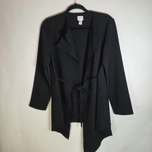 Chicos Sz 0 Small Black Open Front Cascade Topper Drape Belted Asymmetric Jacket - Picture 1 of 6
