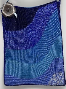 Millicent Fine Handbag Blue Beaded Flower Purse Long Bead Strap W/ Silver Poppy - Picture 1 of 11