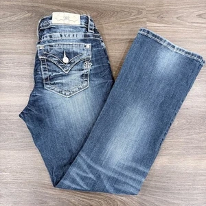 Miss Me Jeans 29 Mid Rise Easy Boot Blue Denim Flared flap pockets stitched - Picture 1 of 10