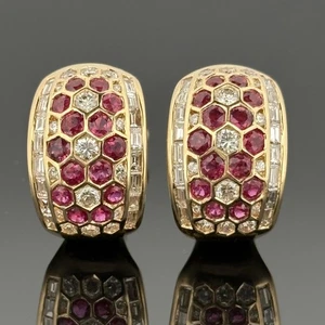 Ruby & Diamond 18k Yellow Gold Honeycomb Hoop Earrings 3.75ctw - Picture 1 of 8