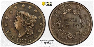 1818 Coronet Head Large Cent 1C PCGS AU Detail Cleaned - Picture 1 of 6