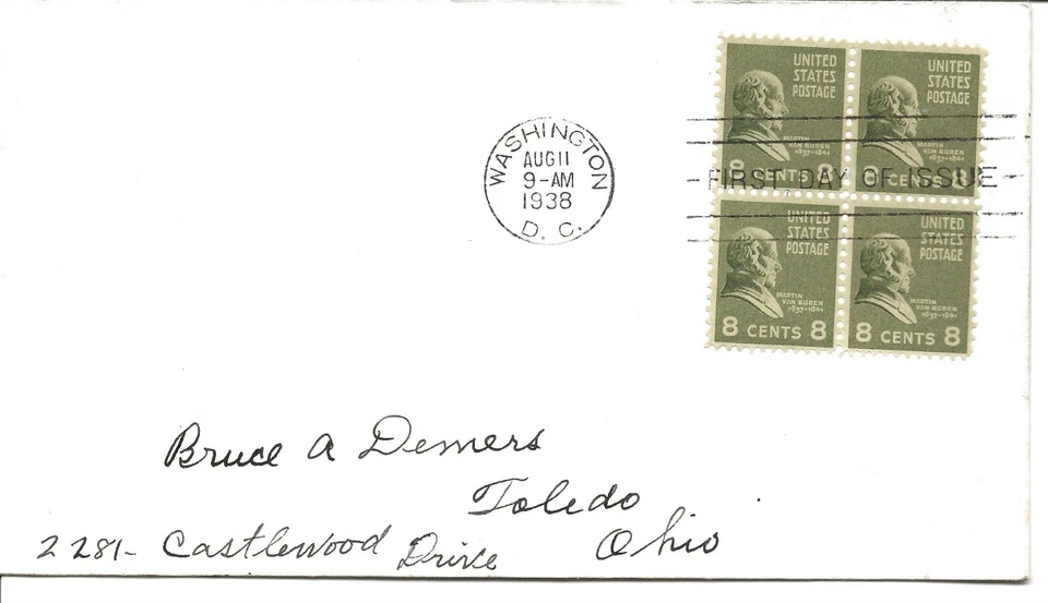 US Scott #813, First Day Cover 8/11/38 Washington Martin Van Buren Block of 4 - Image 1 of 1