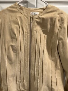 Yvonne La Marie Revue Tan Suede Leather Full Zip Pleated Jacket Collarless Sz L - Picture 1 of 13