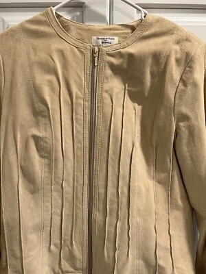 Chaqueta Plisada Yvonne La Marie Revue Cuero Gamuza Tostado Cremallera Completa Sin Cuello Talla L Foto 1 de 4