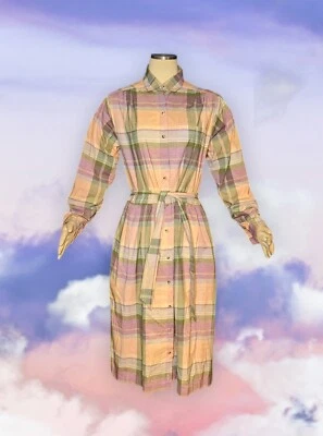 复古 LL BEAN Modest PLAID Prairie 连衣裙橙色紫色 COTTAGE CORE 女式 14 码 — 第 1/4 张图片