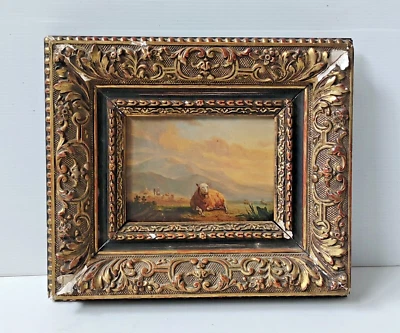 TABLEAU PEINTURE SCENE DE VIE MOUTON PAYSAGE DE MONTAGNE XIXè HUILE - Photo 1/4