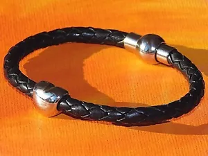 Ladies Black braided leather & stainless steel heart bracelet by Lyme Bay Art. - Picture 1 of 3