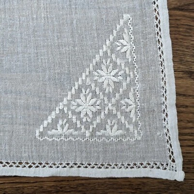 Vintage Table Runner 35x15 Cotton Gauze Drawn Satin Thread Embroidery Cottage - Image 1 of 2