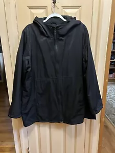 Black Cotton Nylon Fleece Lined Jacket Coat Parka Eileen Fisher XL With Hood - Picture 1 of 13