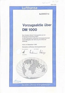 Deutsche Lufthansa Vorzugsaktie 1000DM, historisches Wertpapier - Bild 1 von 1