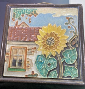 Cloisonné Royal Delft Fliese 11,5 x 11,5 cm Sonnenblume mit kleinem Haus - Bild 1 von 3