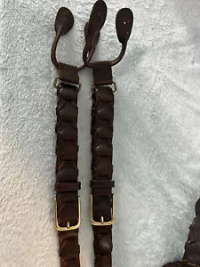 Woven Brown Leather Suspenders One Size Adjustable Button Attached - Picture 1 of 8