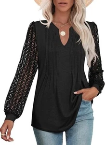 NWT Womans S Black Tops V Neck Pleated Blouse Dressy Casual Long Lace Sleeve - Picture 1 of 6