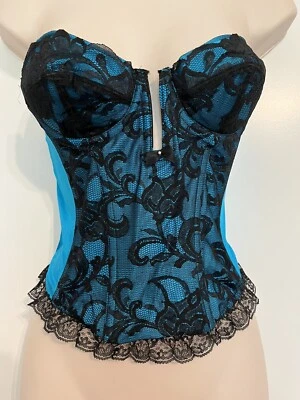 Victoria’s Secret Vintage Bustier Blue Nylon Black Lace S Corset Lingerie NEW - Image 1 of 4