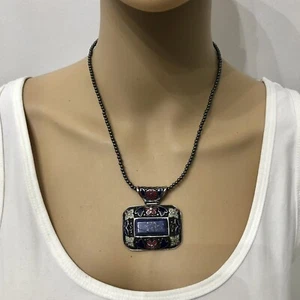 Hematite Necklace Lapis Lazuli Enameled Pendant Beads 18” 60.25 Ctw Gift NO BOX - Picture 1 of 9