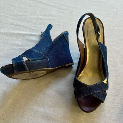 Guess Denim Wedge Sandals Blue Size 8M | Open Toe Slingback Heels - Image 1 of 4